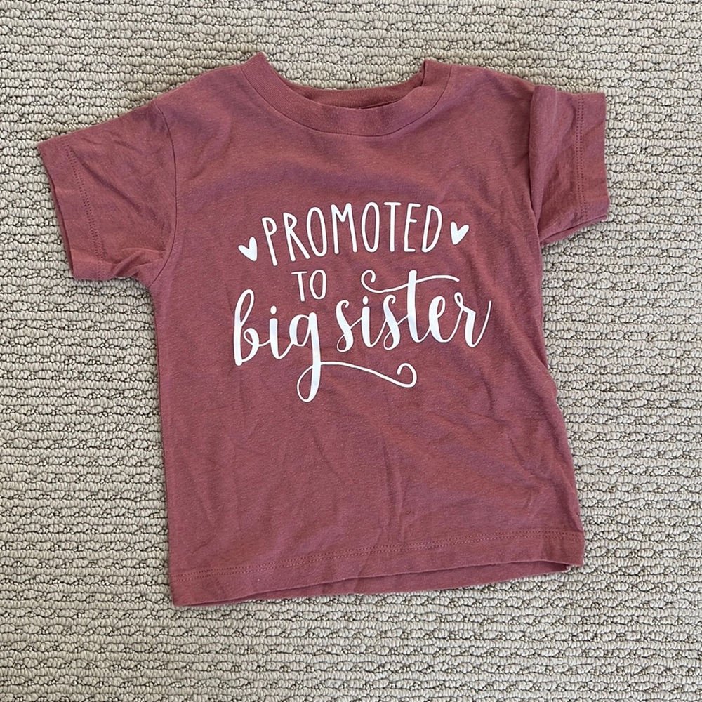 Belle Canvas Kids, 2T, dark pink “Promoted to Big Sister” T-Shirt, worn 1 time